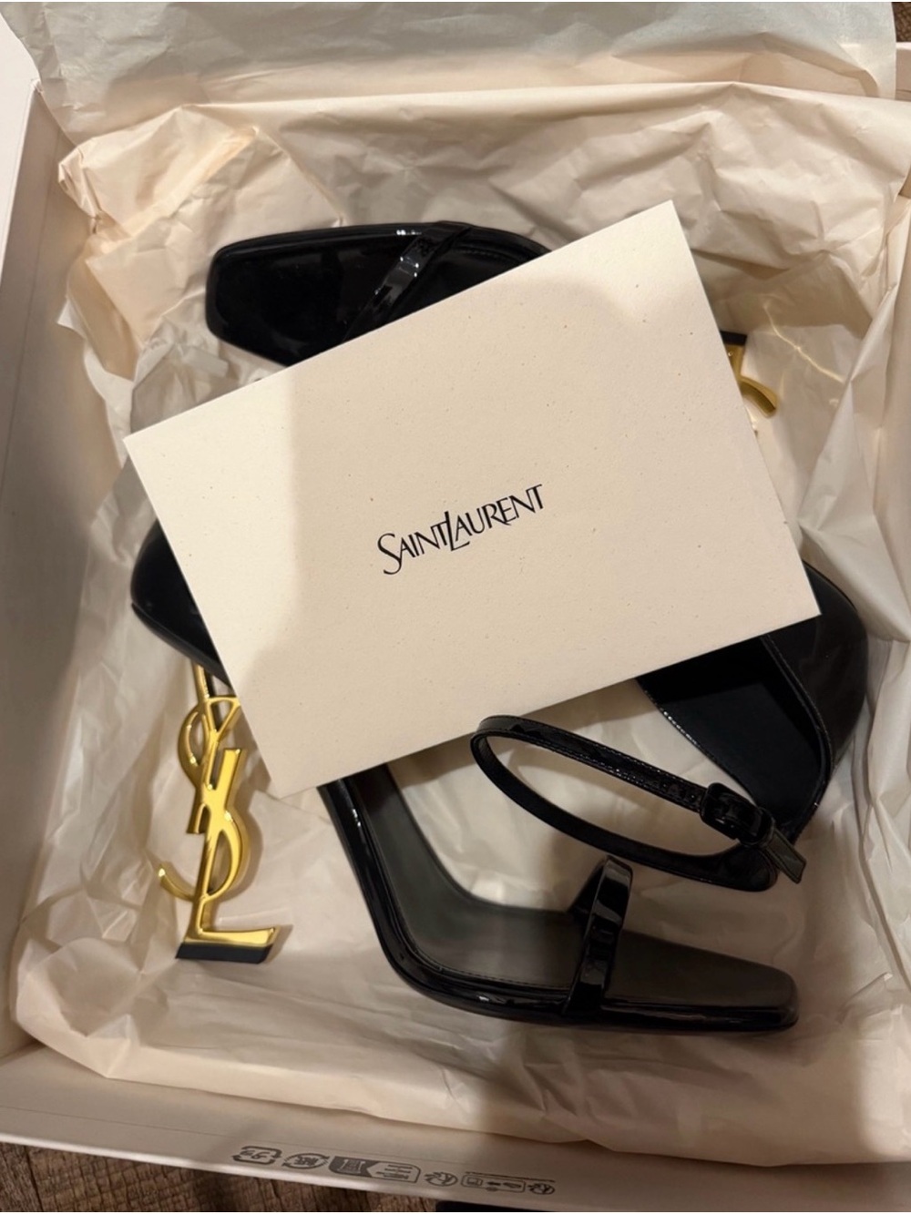 Saint Laurent Black Patent Leather Heels with Gold YSL Sculptural Heel